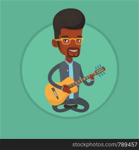 African-american man playing an acoustic guitar. Musician sitting with guitar in hands. Guitarist practicing in playing guitar. Vector flat design illustration in the circle isolated on background.. Man playing acoustic guitar vector illustration.