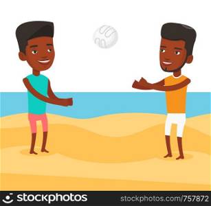 African-american man playing beach volleyball with his friend. Two men having fun while playing beach volleyball during summer holiday. Vector flat design illustration isolated on white background.. Two men playing beach volleyball.
