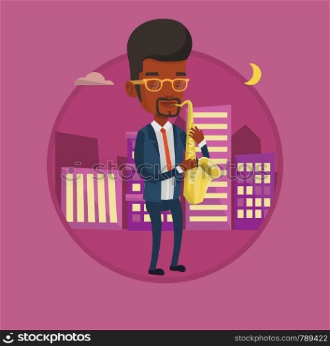 African-american man playing on saxophone in the night. Musician playing on saxophone. Musician with saxophone in the city street. Vector flat design illustration in the circle isolated on background.. Musician playing on saxophone vector illustration.