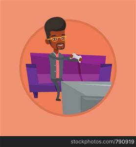 African-american man playing video game on the television. Excited young man with game console in hands playing video game at home. Vector flat design illustration in the circle isolated on background. Man playing video game vector illustration.