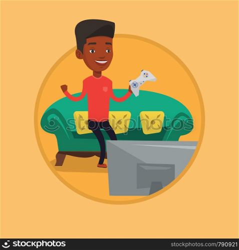 African-american man playing video game on the television. Excited young man with game console in hands playing video game at home. Vector flat design illustration in the circle isolated on background. Man playing video game vector illustration.