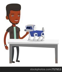 African-american man playing with a robotic dog. Young man standing near the table with a robotic dog on it. Man stroking a robotic dog. Vector flat design illustration isolated on white background.. Happy young man playing with robotic dog.