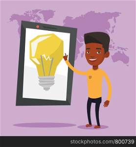 African-american man pointing at a big tablet computer with idea light bulb on a screen. Businesman standing near tablet computer with idea light bulb. Vector flat design illustration. Square layout.. Man pointing at big tablet computer.