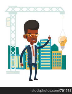 African-american man pointing at idea bulb hanging on crane. Architect having idea in town planning. Concept of new ideas in architecture. Vector flat design illustration isolated on white background.. Man having business idea vector illustration.