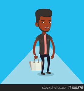 African-american man posing on catwalk during fashion event. Smiling model walking on catwalk during fashion week. Man on catwalk during fashion show. Vector flat design illustration. Square layout.. Man posing on catwalk during fashion show.