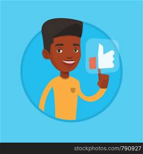 African-american man pressing social network button. Man pressing like button. Man pressing social like button with thumb up. Vector flat design illustration in the circle isolated on background.. Man pressing like button vector illustration.