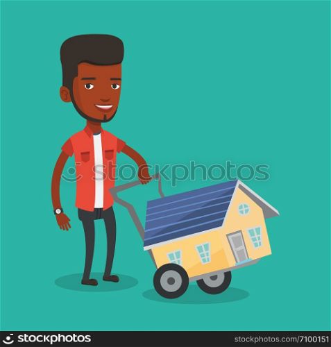 African-american man pushing a shopping trolley with a house. Young smiling man buying a house. Man using shopping trolley to transport a house. Vector flat design illustration. Square layout.. Young man buying house vector illustration.