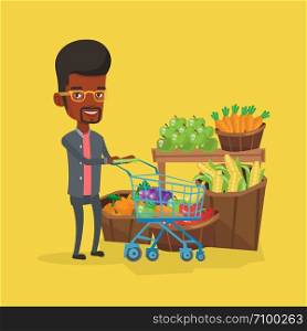 African-american man pushing a supermarket cart with some vegetables in it. Customer shopping at supermarket with cart. Man buying fresh healthy food. Vector flat design illustration. Square layout.. Customer with shopping cart vector illustration.
