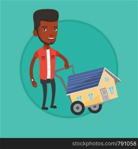African-american man pushing shopping trolley with house. Young man buying home. Man using shopping trolley to transport house. Vector flat design illustration in the circle isolated on background.. Young man buying house vector illustration.