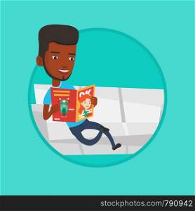 African-american man reading a magazine. Man sitting on sofa and reading magazine. Man sitting on the couch with magazine in hands. Vector flat design illustration in the circle isolated on background. Man reading magazine on sofa vector illustration.