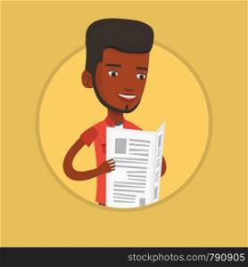 African-american man reading the newspaper. Young smiling man reading good news in newspaper. Man standing with newspaper in hands. Vector flat design illustration in the circle isolated on background. Man reading newspaper vector illustration.