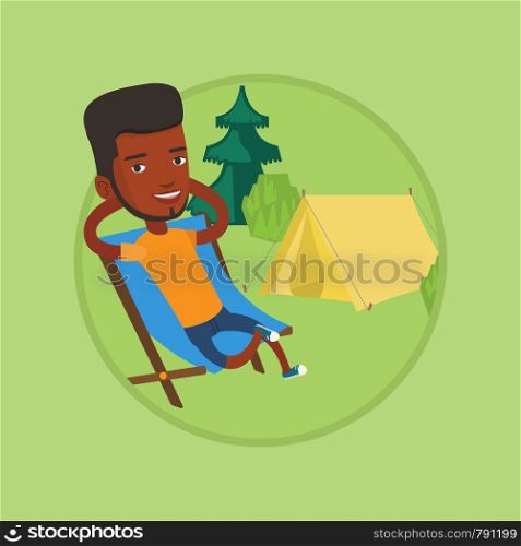 African-american man relaxing in camping. Man sitting in chair on the background of camping site. Man enjoying vacation in camping. Vector flat design illustration in the circle isolated on background. Man sitting in folding chair in the camp.