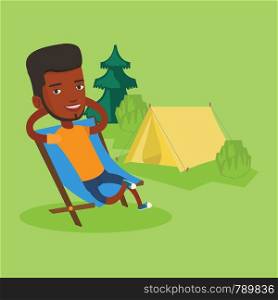 African-american man relaxing in camping. Man sitting in folding chair on the background of camping site with tent. Man enjoying his vacation in camping. Vector flat design illustration. Square layout. Man sitting in folding chair in the camp.