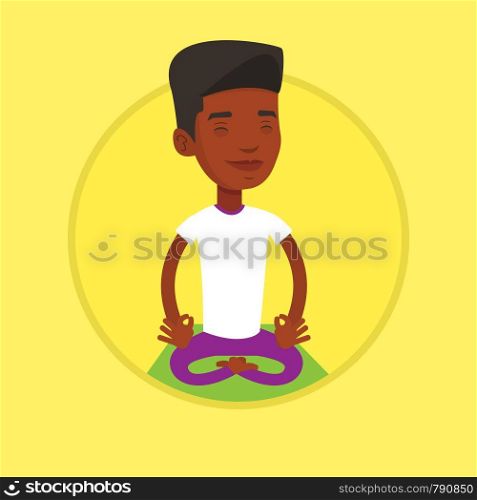 African-american man relaxing in the yoga lotus position. Young man meditating in yoga lotus pose. Man doing yoga on yoga mat. Vector flat design illustration in the circle isolated on background.. Man meditating in lotus pose vector illustration.