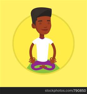 African-american man relaxing in the yoga lotus position. Young man meditating in yoga lotus pose. Man doing yoga on yoga mat. Vector flat design illustration in the circle isolated on background.. Man meditating in lotus pose vector illustration.