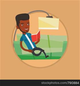 African-american man relaxing with book on the couch at home. Man reading book on sofa. Man sitting on a sofa and reading a book. Vector flat design illustration in the circle isolated on background.. Man reading book on sofa vector illustration.