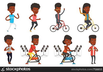 African-american man riding a bicycle and waving hand. Young happy man on a bicycle. Man riding stationary bicycle in the gym. Set of vector flat design illustrations isolated on white background.. Vector set of sport characters.