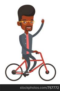 African-american man riding a bicycle. Cyclist riding a bicycle and waving hand. Young happy man on a bicycle. Healthy lifestyle concept. Vector flat design illustration isolated on white background.. Man riding bicycle vector illustration.