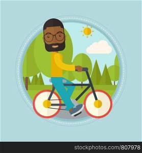 African-american man riding a bicycle in the park. Cyclist riding bike on forest road. Man on a bike outdoors. Lifestyle concept. Vector flat design illustration in the circle isolated on background.. Man riding bicycle in the park vector illustration