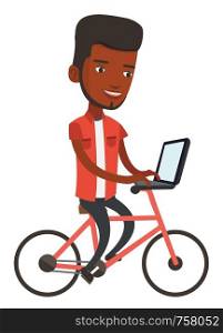 African-american man riding a bicycle to work. Business man with laptop on a bike. Business man working on a laptop while riding a bicycle. Vector flat design illustration isolated on white background. Man riding bicycle and working on a laptop.