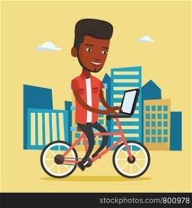 African-american man riding a bicycle to work in the city. Business man with laptop on a bike. Business man working on a laptop while riding a bicycle. Vector flat design illustration. Square layout.. African-american man riding bicycle in the city.