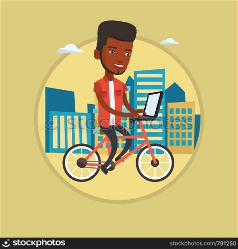 African-american man riding a bike to work. Cyclist riding bike in the city. Businessman working on laptop while riding a bike. Vector flat design illustration in the circle isolated on background.. Man riding bicycle in the city vector illustration