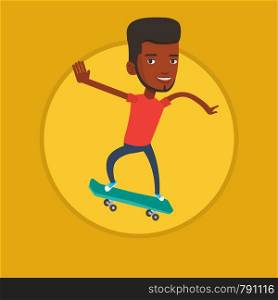 African-american man riding a skateboard. Sportsman skateboarding. Skater riding a skateboard. Sportsman jumping with skateboard. Vector flat design illustration in the circle isolated on background.. Man riding skateboard vector illustration.