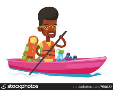 African-american man riding in a kayak on the river with skull in hands and some tourist equipment behind him. Kayaker traveling by kayak. Vector flat design illustration isolated on white background.. Man riding in kayak vector illustration.
