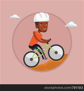 African-american man riding on mountain bike. Young confident man tourist in helmet traveling in the mountains on mountain bike. Vector flat design illustration in the circle isolated on background.. Young man on bicycle traveling in the mountains.