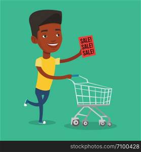 African-american man running on sale. Man holding paper sheet with sale text. Man with empty shopping trolley running in a hurry to the store on sale. Vector flat design illustration. Square layout.. Man running in hurry to the store on sale.