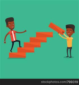 African-american man runs up the career ladder while another man builds this ladder. Businessman climbing the career ladder. Concept of business career. Vector flat design illustration. Square layout.. Businessman running upstairs vector illustration.