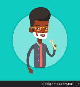 African-american man shaving his face. Man with shaving cream on face and razor in hand. Young man prepping face for daily shaving. Vector flat design illustration in the circle isolated on background. Man shaving his face vector illustration.