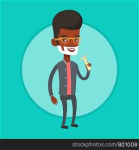 African-american man shaving his face. Man with shaving cream on face and razor in hand. Young man prepping face for daily shaving. Vector flat design illustration in the circle isolated on background. Man shaving his face vector illustration.