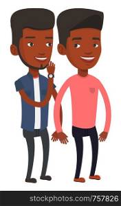 African-american man shielding his mouth and whispering a gossip to a friend. Two happy men sharing gossips. Friends discussing gossips. Vector flat design illustration isolated on white background.. One man whispering to another gossip.