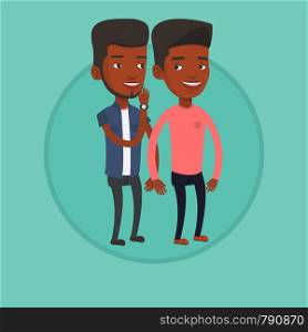African-american man shielding his mouth and whispering a gossip to his friend. Men sharing gossips. Friends discussing gossips. Vector flat design illustration in the circle isolated on background.. One man whispering to another secret.