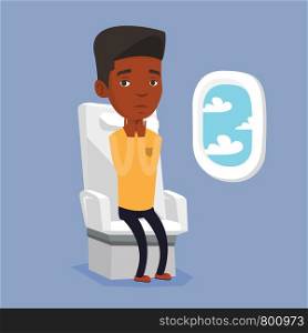 African-american man shocked by plane flight in a turbulent area. Airplane passenger frightened by flight. Terrified passenger sitting in airplane seat. Vector flat design illustration. Square layout. African-american man suffering from fear of flying