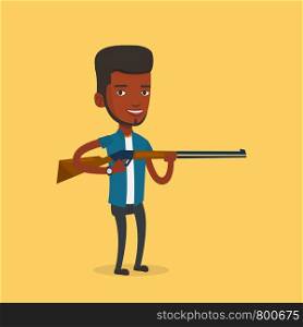 African-american man shooting skeet with shotgun. Hunter ready to hunt with hunting rifle. Man aiming with a hunter gun. Hunter holding a long rifle. Vector flat design illustration. Square layout.. Hunter ready to hunt with hunting rifle.