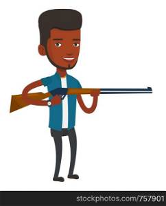 African-american man shooting skeet with shotgun. Smiling hunter ready to hunt with hunting rifle. Young man aiming with a hunter gun. Vector flat design illustration isolated on white background.. Hunter ready to hunt with hunting rifle.