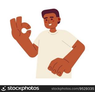 African american man showing all is well semi flat color vector character. Face expressions. Okay gesture. Editable half body person on white. Simple cartoon spot illustration for web graphic design. African american man showing all is well semi flat color vector character