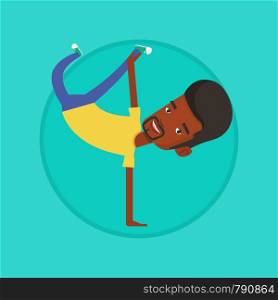 African-american man showing his skills in break dance. Happy breakdance dancer doing handstand. Young smiling man breakdancing. Vector flat design illustration in the circle isolated on background.. Young man breakdancing vector illustration.