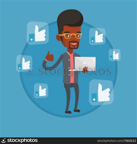 African-american man showing thumb up and like social network buttons around him. Man with laptop and like social network buttons. Vector flat design illustration in the circle isolated on background.. Man with thumb up and like social network buttons.