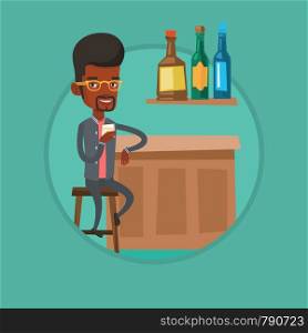 African-american man sitting at the bar counter. Man sitting with glass in bar. Young man celebrating with an alcohol drink in bar. Vector flat design illustration in the circle isolated on background. Man sitting at the bar counter vector illustration