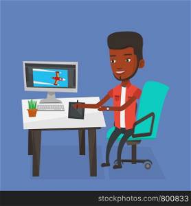 African-american man sitting at the desk and drawing on graphics tablet. Young graphic designer using a digital graphics tablet, computer and pen. Vector flat design illustration. Square layout.. Designer using digital graphics tablet.