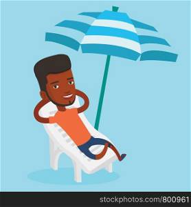 African-american man sitting in a beach chair. Young man resting on holiday while sitting under umbrella on a beach chair. Man relaxing on a beach chair. Vector flat design illustration. Square layout. Man relaxing on beach chair vector illustration.