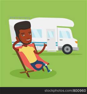 African-american man sitting in a folding chair and giving thumb up on the background of camper van. Young happy man enjoying his vacation in camper van. Vector flat design illustration. Square layout. Man sitting in chair in front of camper van.