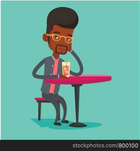 African-american man sitting in bar and drinking cocktail. Young sad man sitting alone in bar with cocktail on the table. Man drinking cocktail in bar. Vector flat design illustration. Square layout.. Man drinking cocktail at the bar.