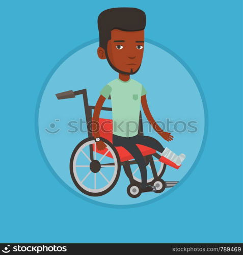 African-american man sitting in wheelchair with broken leg. Injured man with leg in plaster. Man with fractured leg in wheelchair. Vector flat design illustration in the circle isolated on background. Man with broken leg sitting in wheelchair.