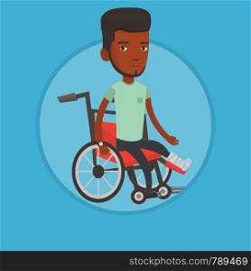 African-american man sitting in wheelchair with broken leg. Injured man with leg in plaster. Man with fractured leg in wheelchair. Vector flat design illustration in the circle isolated on background. Man with broken leg sitting in wheelchair.