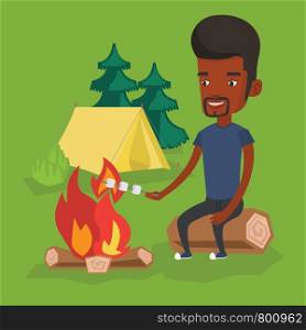 African-american man sitting near campfire. Man roasting marshmallow over campfire. Tourist relaxing near campfire on the background of camping site. Vector flat design illustration. Square layout.. Man roasting marshmallow over campfire.