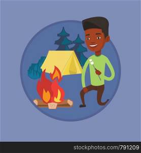 African-american man sitting near campfire with marshmallow. Man roasting marshmallow over campfire. Man relaxing near campfire. Vector flat design illustration in the circle isolated on background.. Businessman roasting marshmallow over campfire.